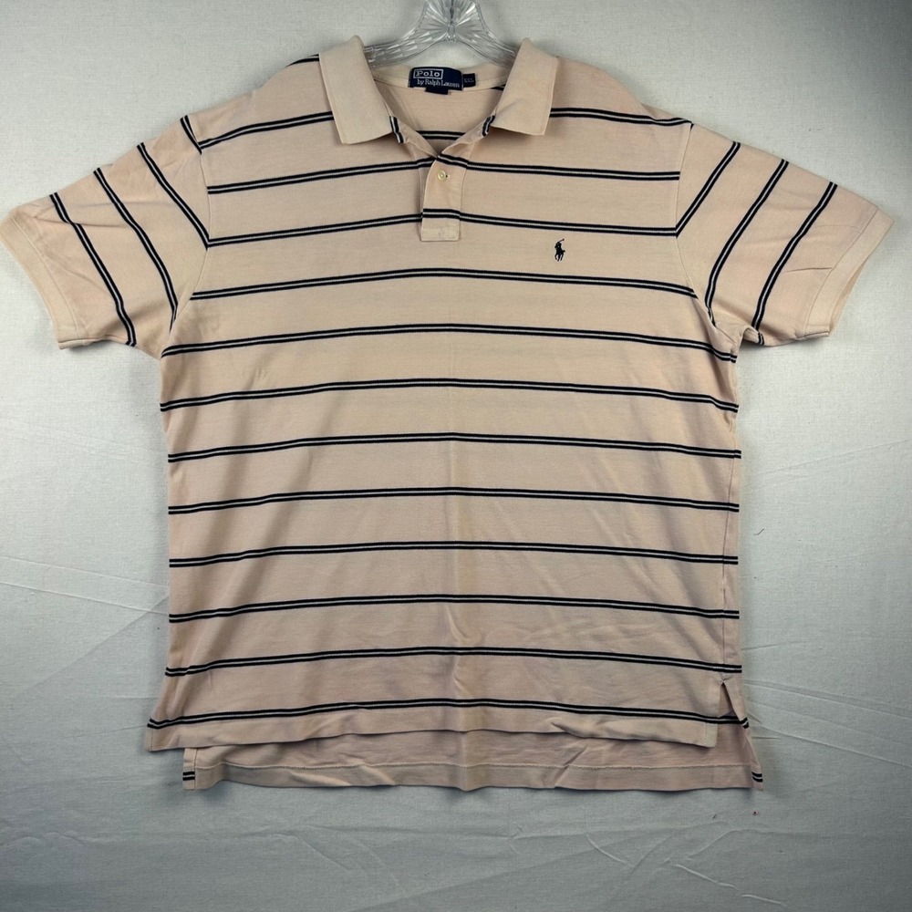 Polo Ralph Lauren Mens XXL Peach Navy Blue Striped Short Sleeve Pique Polo Shirt